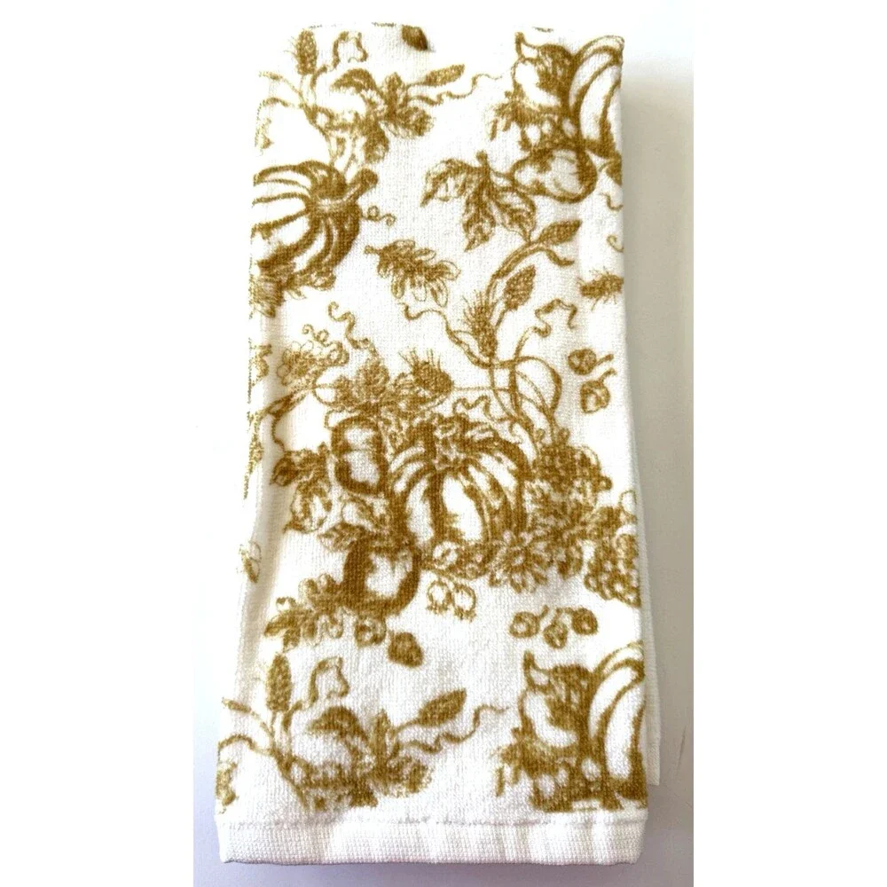 Lenox Ivory Gold Embroidered Pumpkin Toile Kitchen Towels 18x28 Thanksgiving